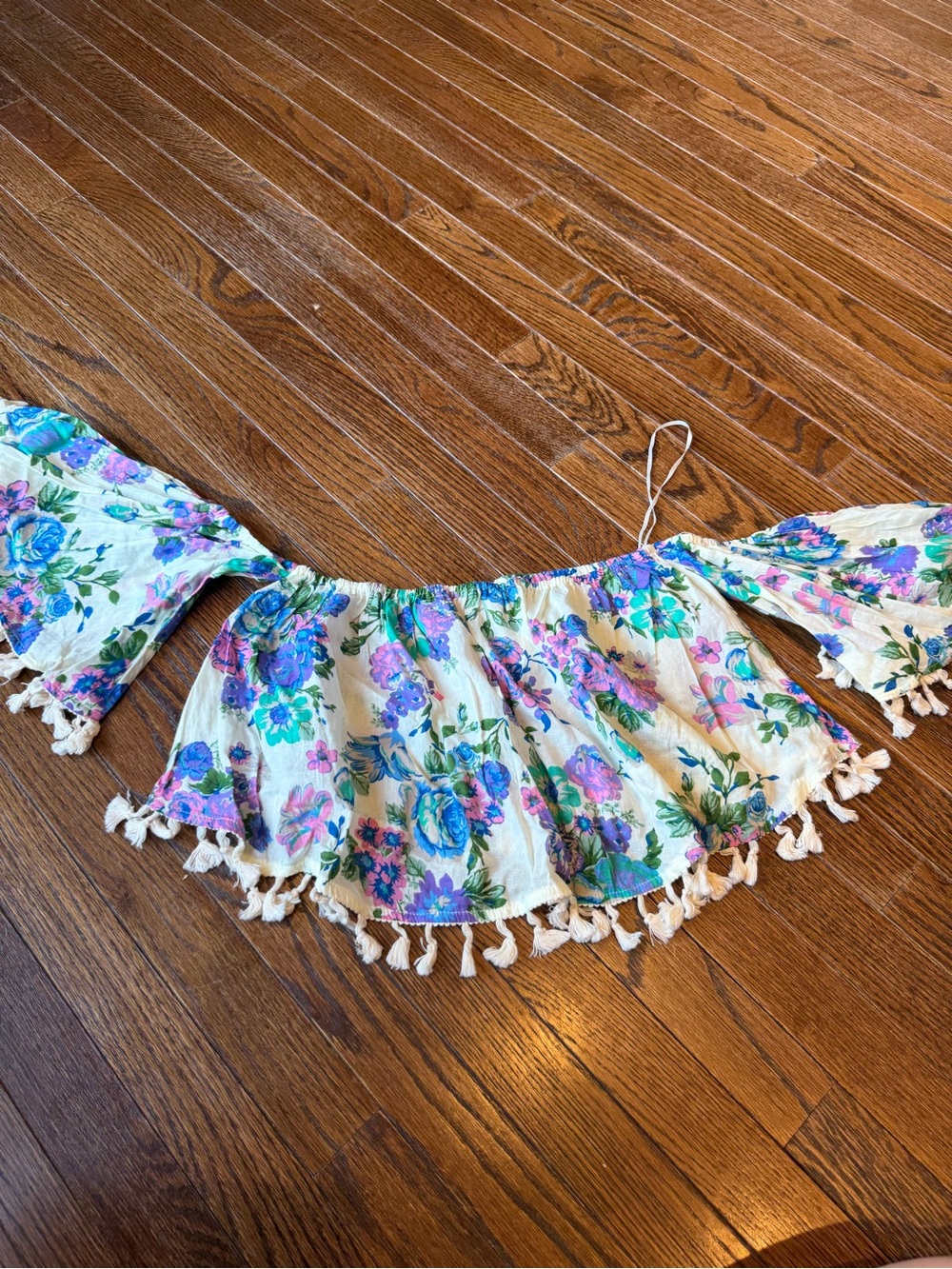 Floral Off-Shoulder Crop Top with Tassel Trim - White Floral